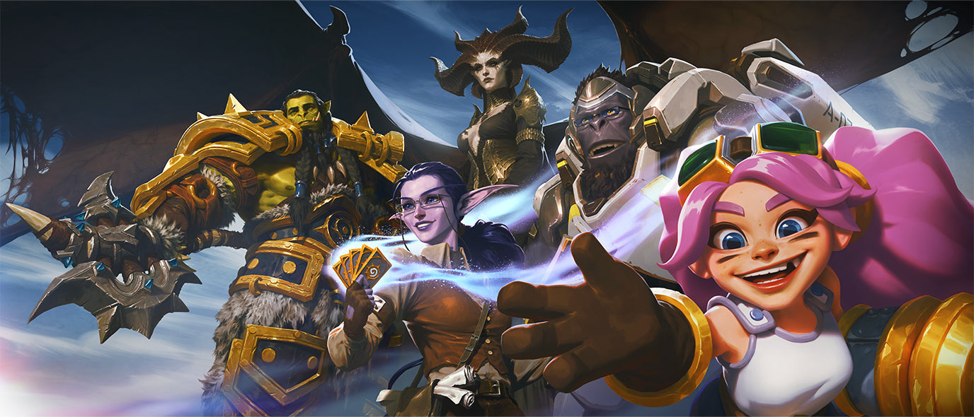 Officiel Blizzard Gear Produits de la boutique : image stylisée d'une collection de personnages Blizzard de World of Warcraft, Diablo, Overwatch et plus encore.