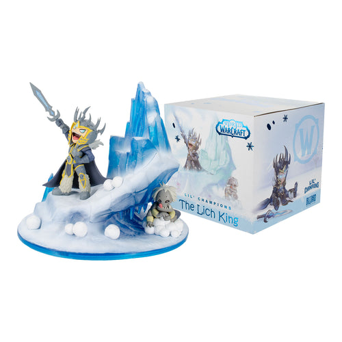 Lil' Champions Snow Fight Arthas 7.5in. Estatua - Vista de la estatua y la caja
