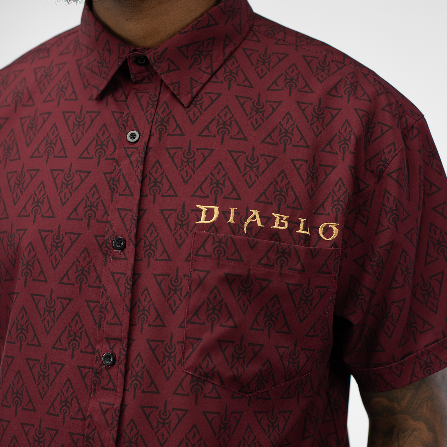 Diablo Button-Up Red Shirt - Model Close-Up View