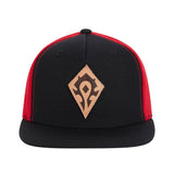 World of Warcraft Horde Black Leather Emblem Patch Flatbill Snapback Hat - Front View